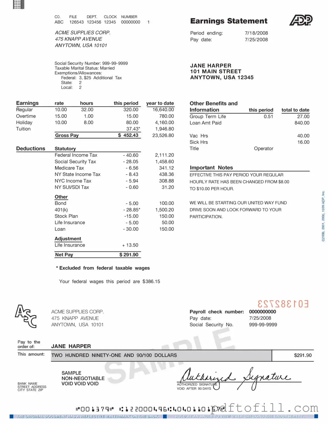Free Adp Pay Stub PDF Form