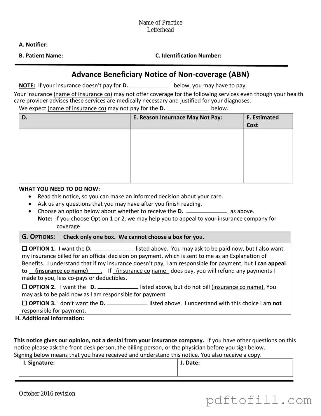Free Advance Beneficiary Notice of Non-coverage PDF Form