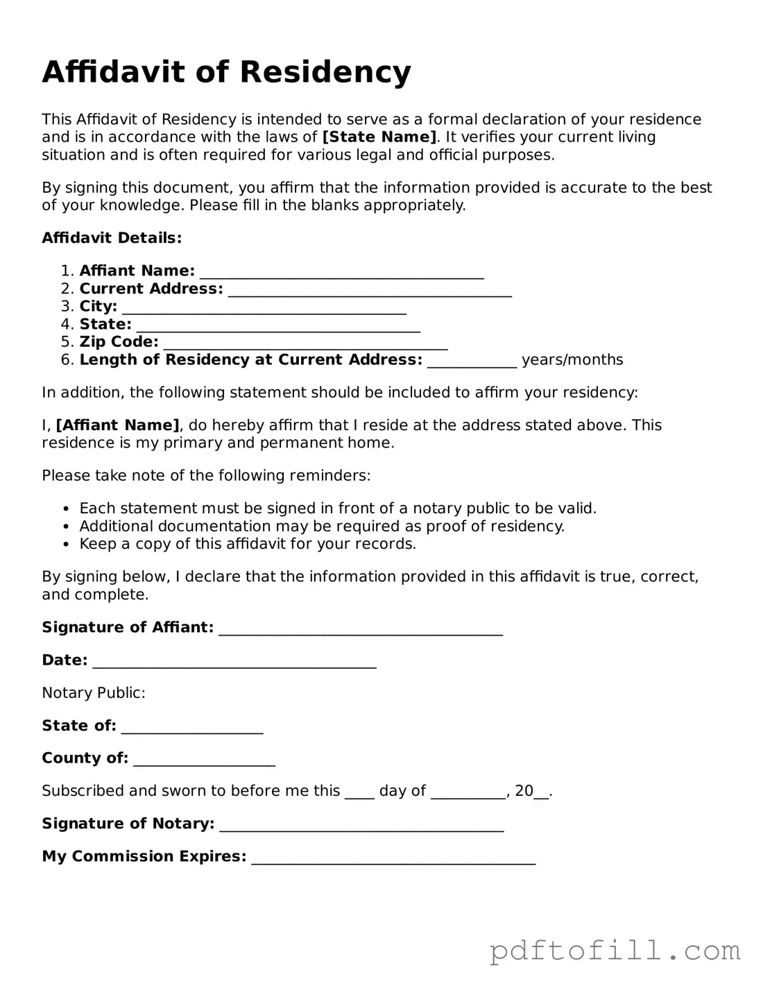 Printable Affidavit of Residency Template