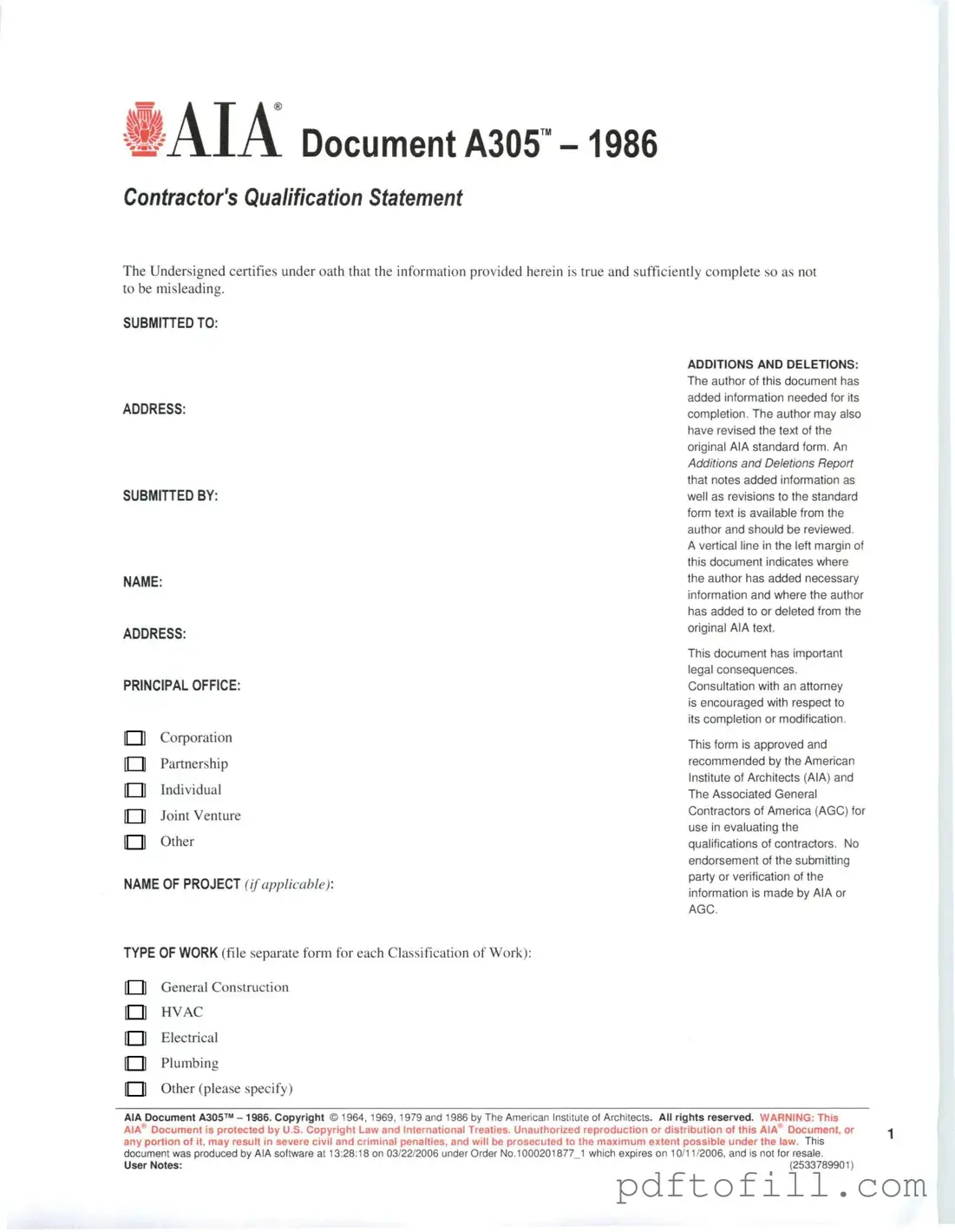 Free AIA A305 PDF Form