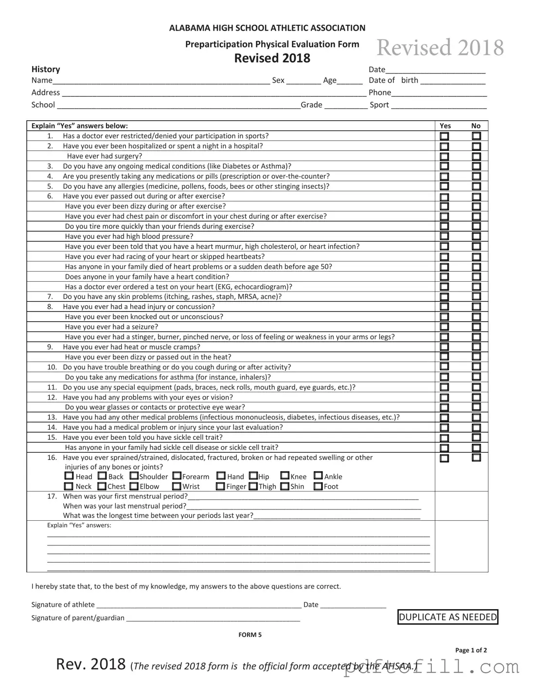 Free Alabama High School Physical PDF Form