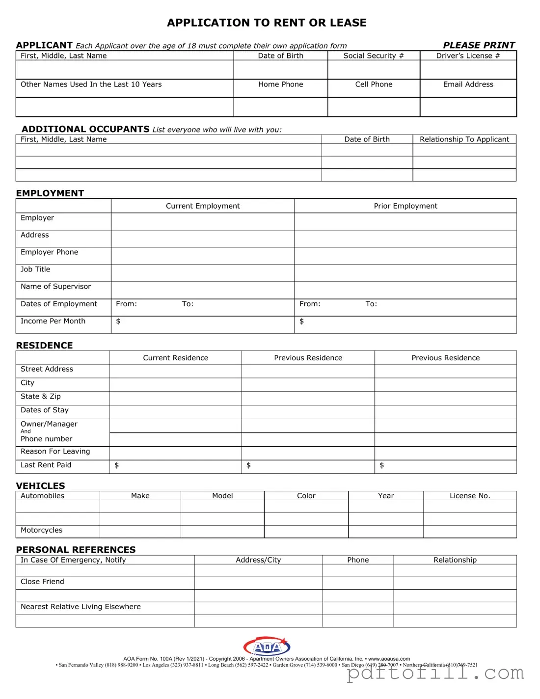 Free Aoa 100A PDF Form