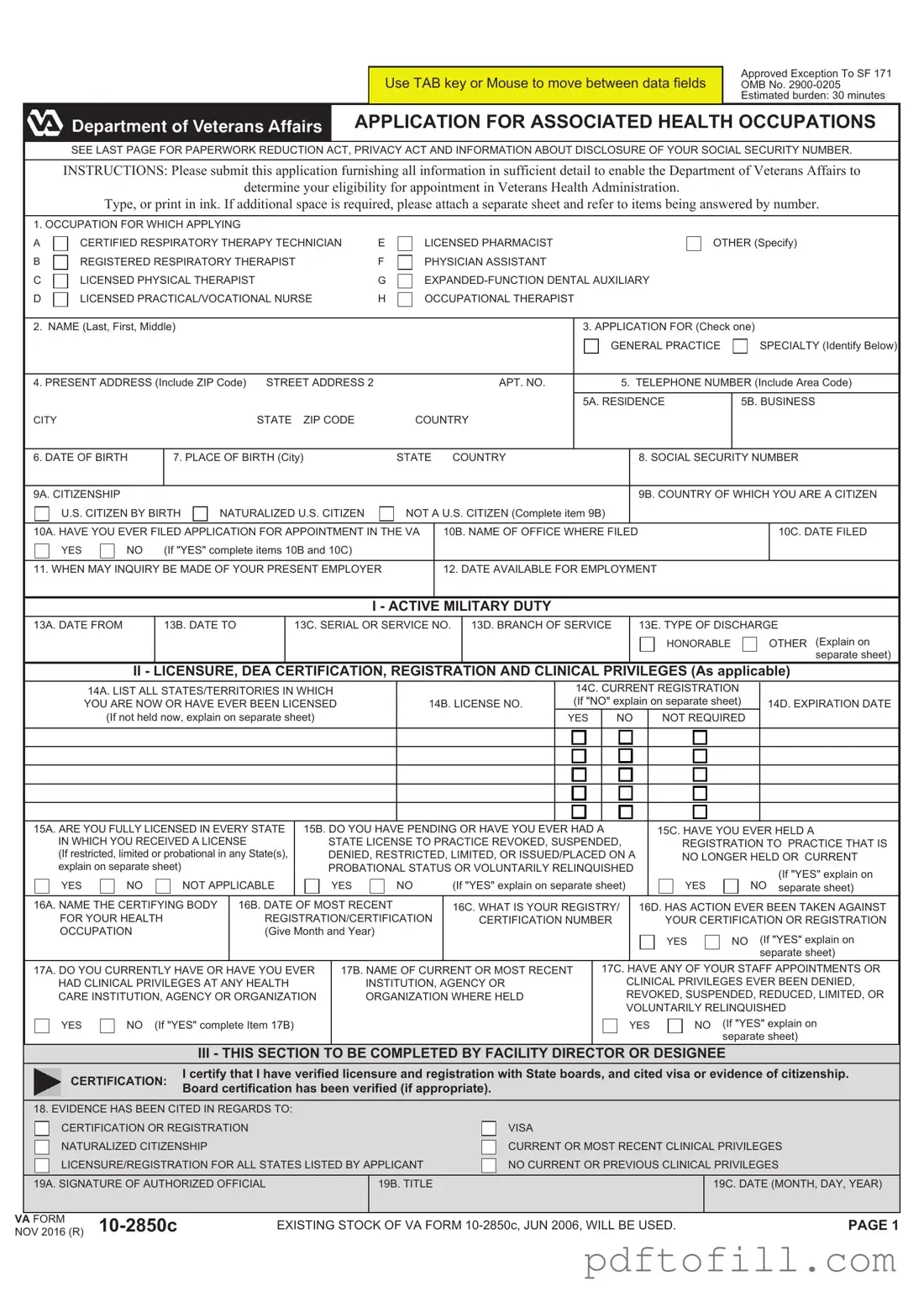 Free VA 10-2850c PDF Form