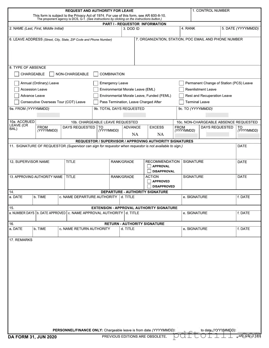 Free Da 31 PDF Form