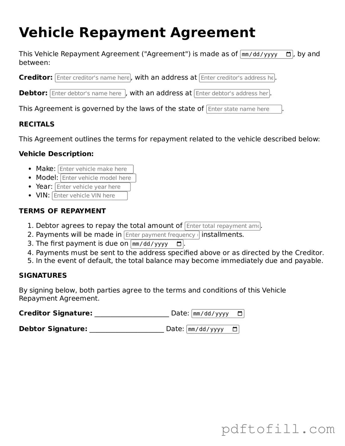 Printable Vehicle Repayment Agreement Template