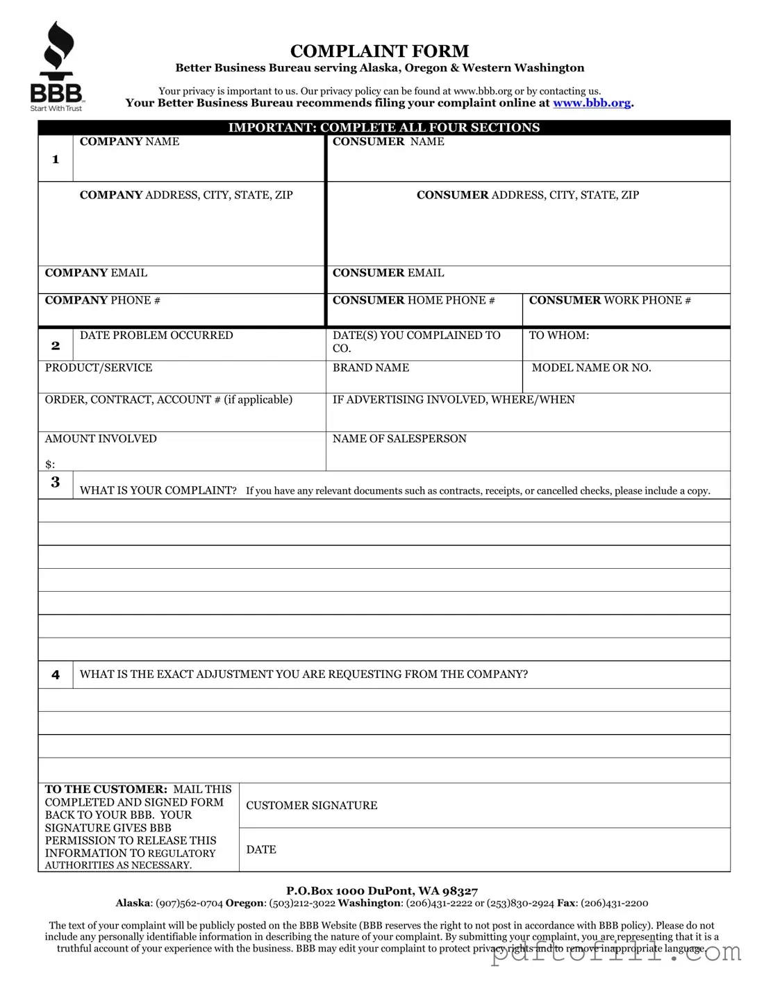 Free Bbb Complaint PDF Form