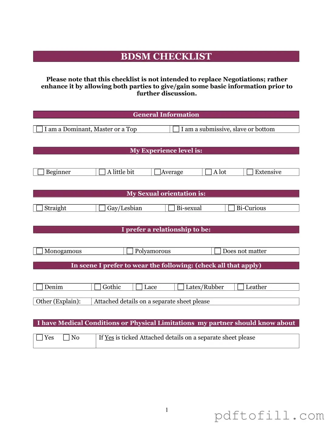 Free Bdsm Checklist PDF Form