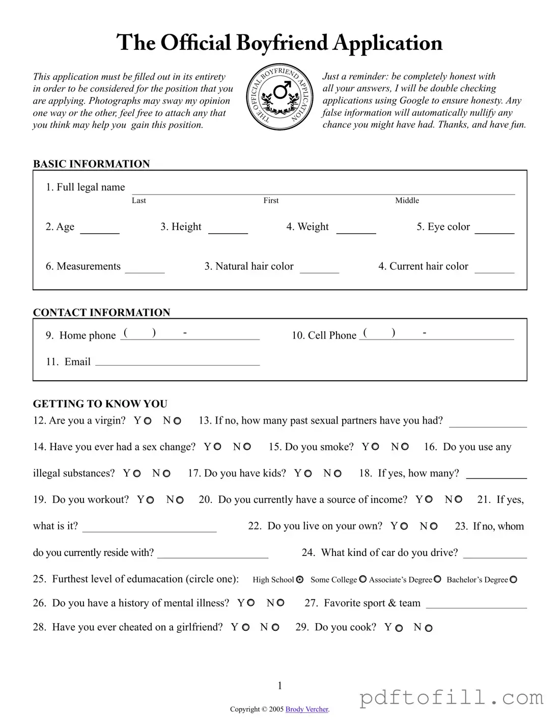 Free Boyfriend application form PDF Form