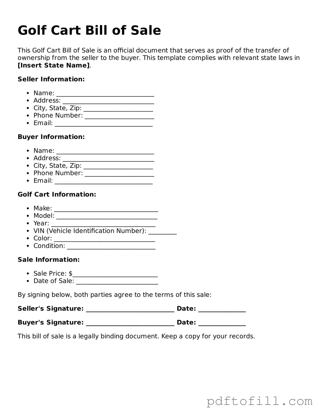 Printable Golf Cart Bill of Sale Template