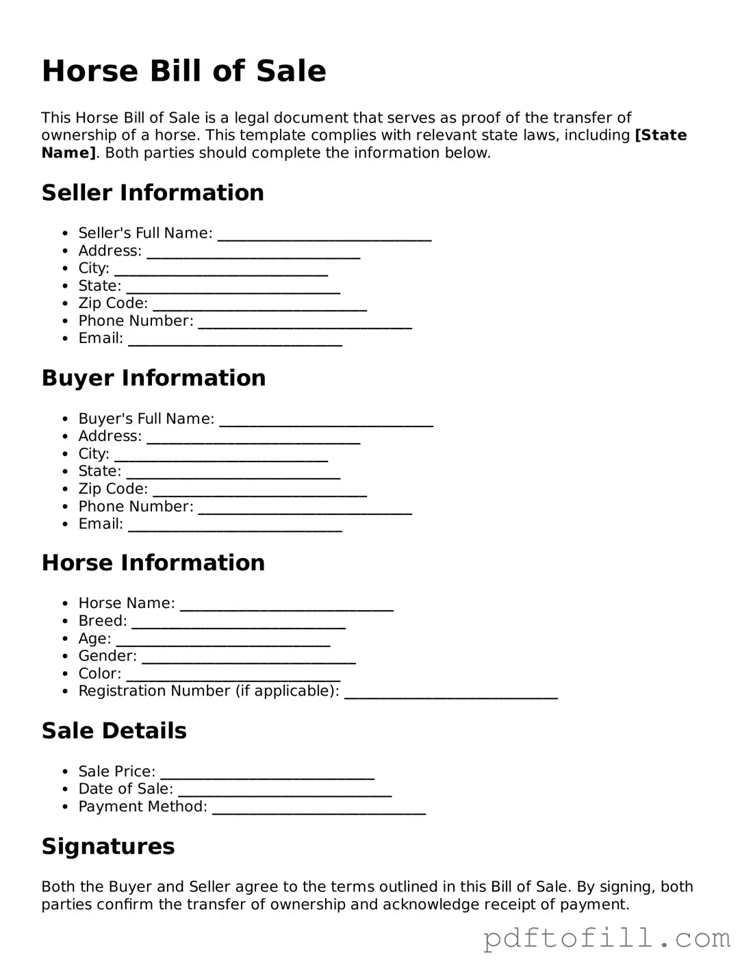 Printable Horse Bill of Sale Template