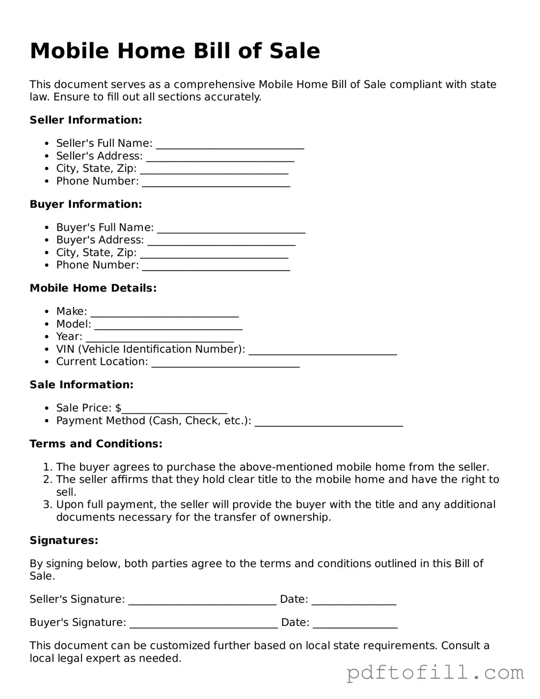 Printable Mobile Home Bill of Sale Template