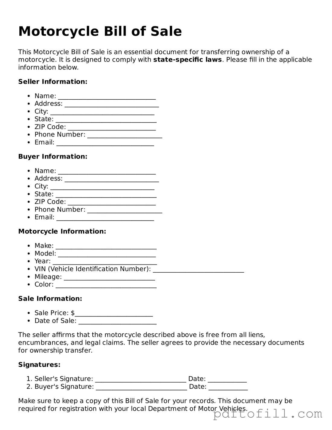 Printable Motorcycle Bill of Sale Template