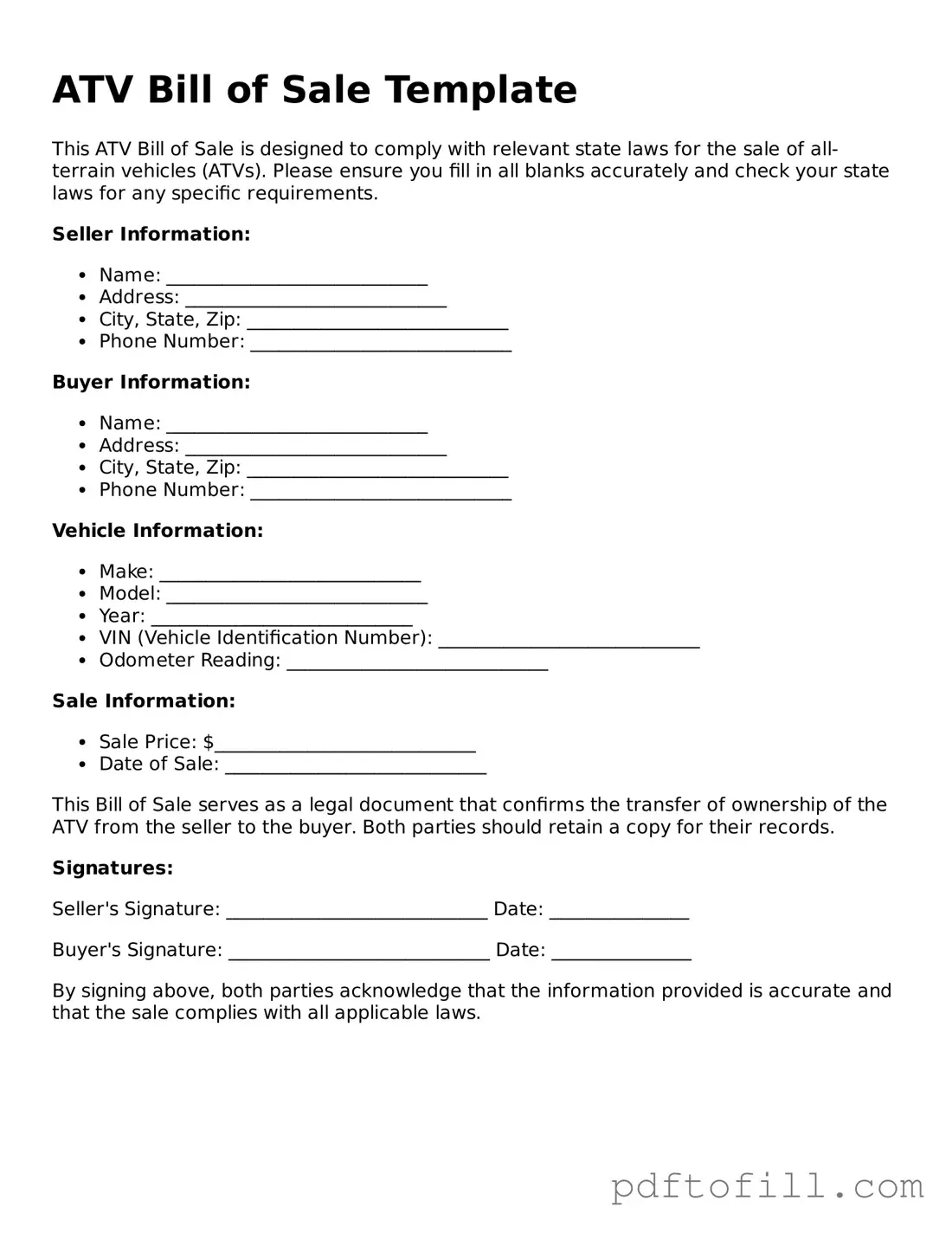 Printable ATV Bill of Sale Template