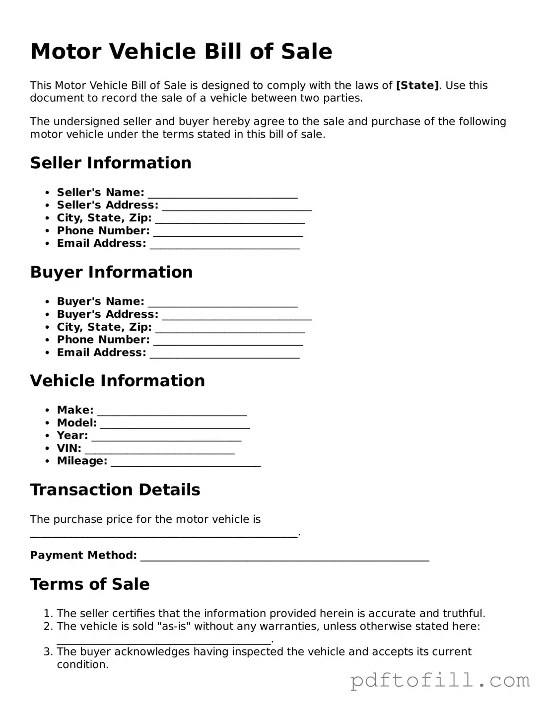 Printable Motor Vehicle Bill of Sale Template