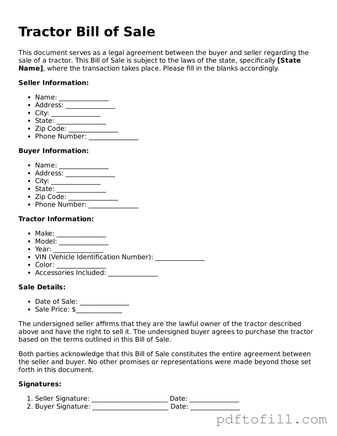 Printable Tractor Bill of Sale Template