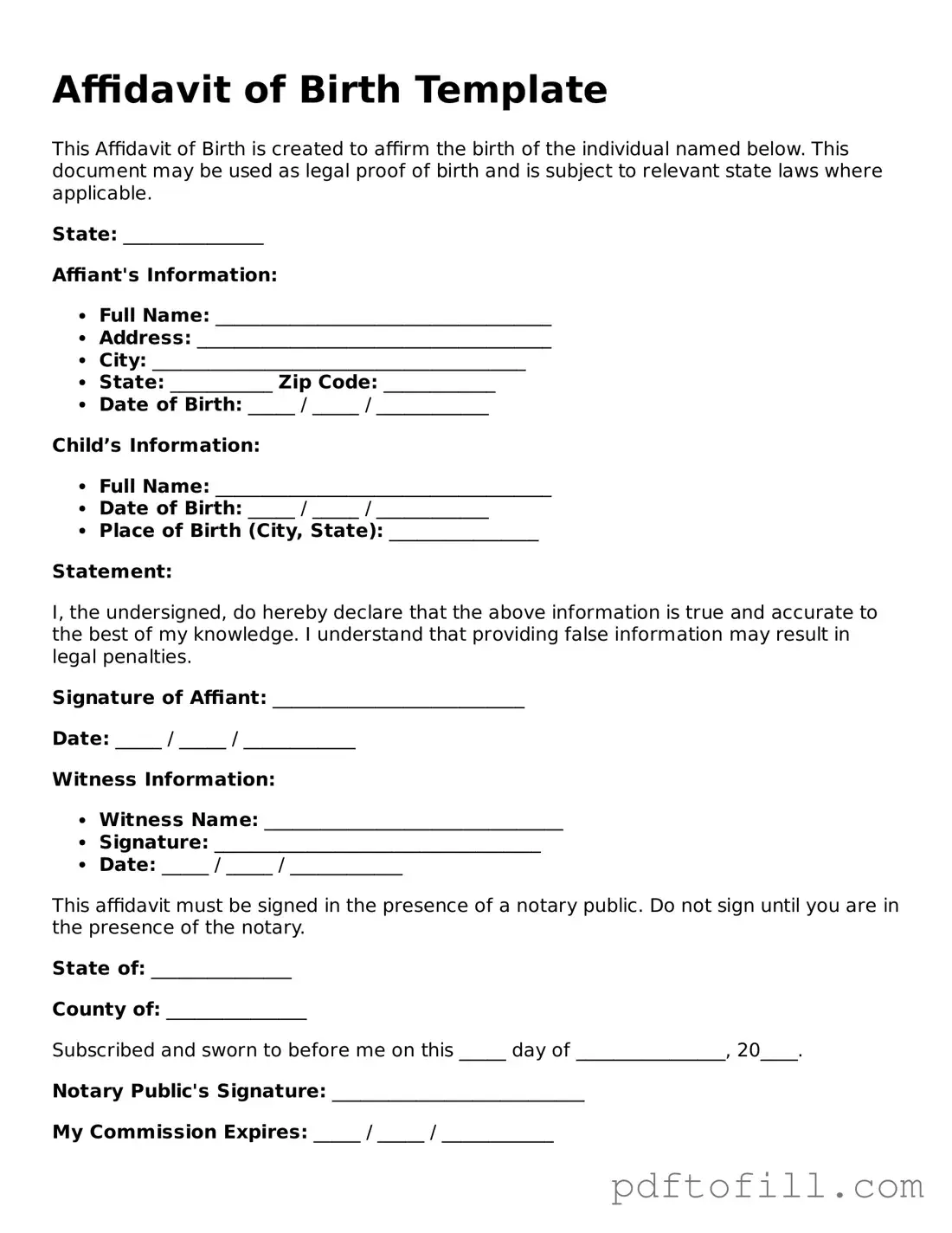 Printable Affidavit of Birth Template