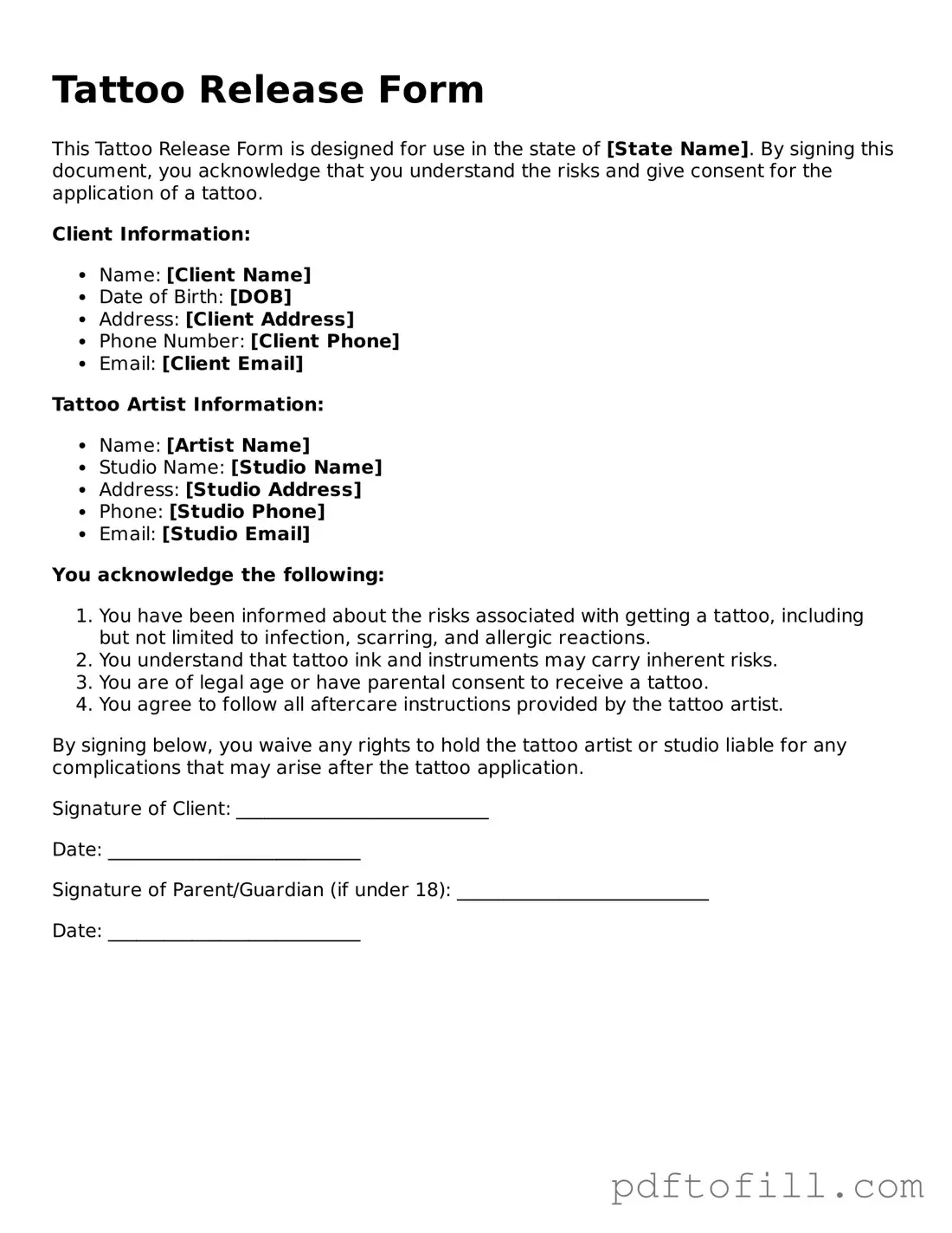 Printable Tattoo Release Template