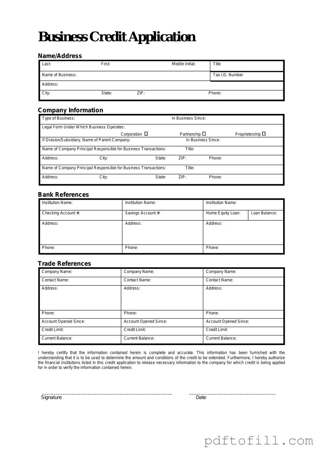 Free Business Credit Application PDF Form