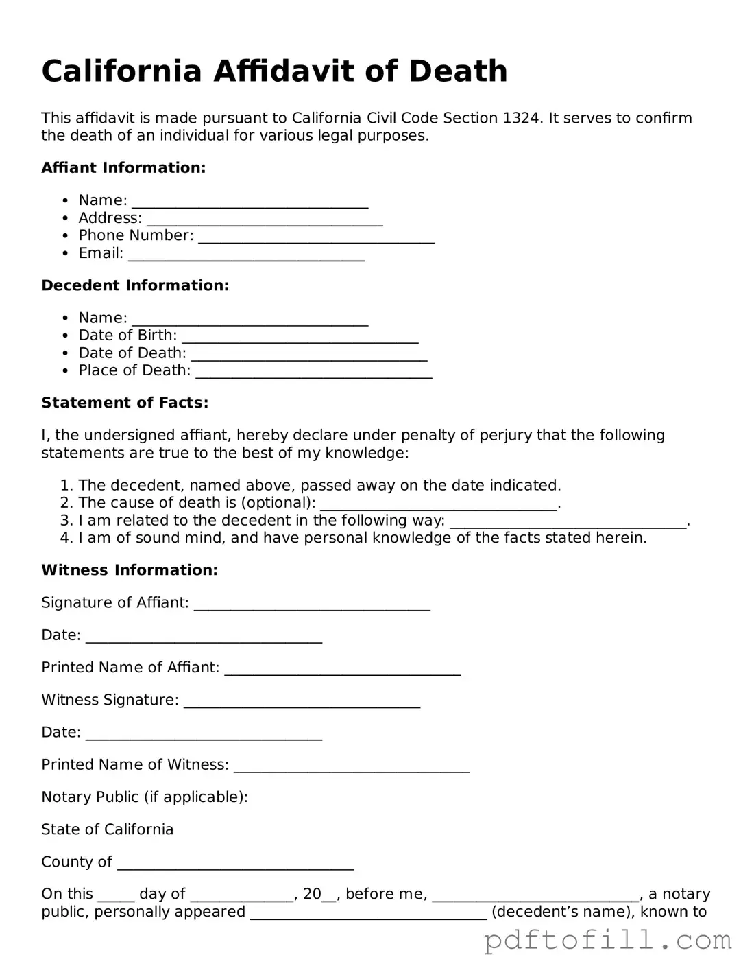 Official California Affidavit of Death Form