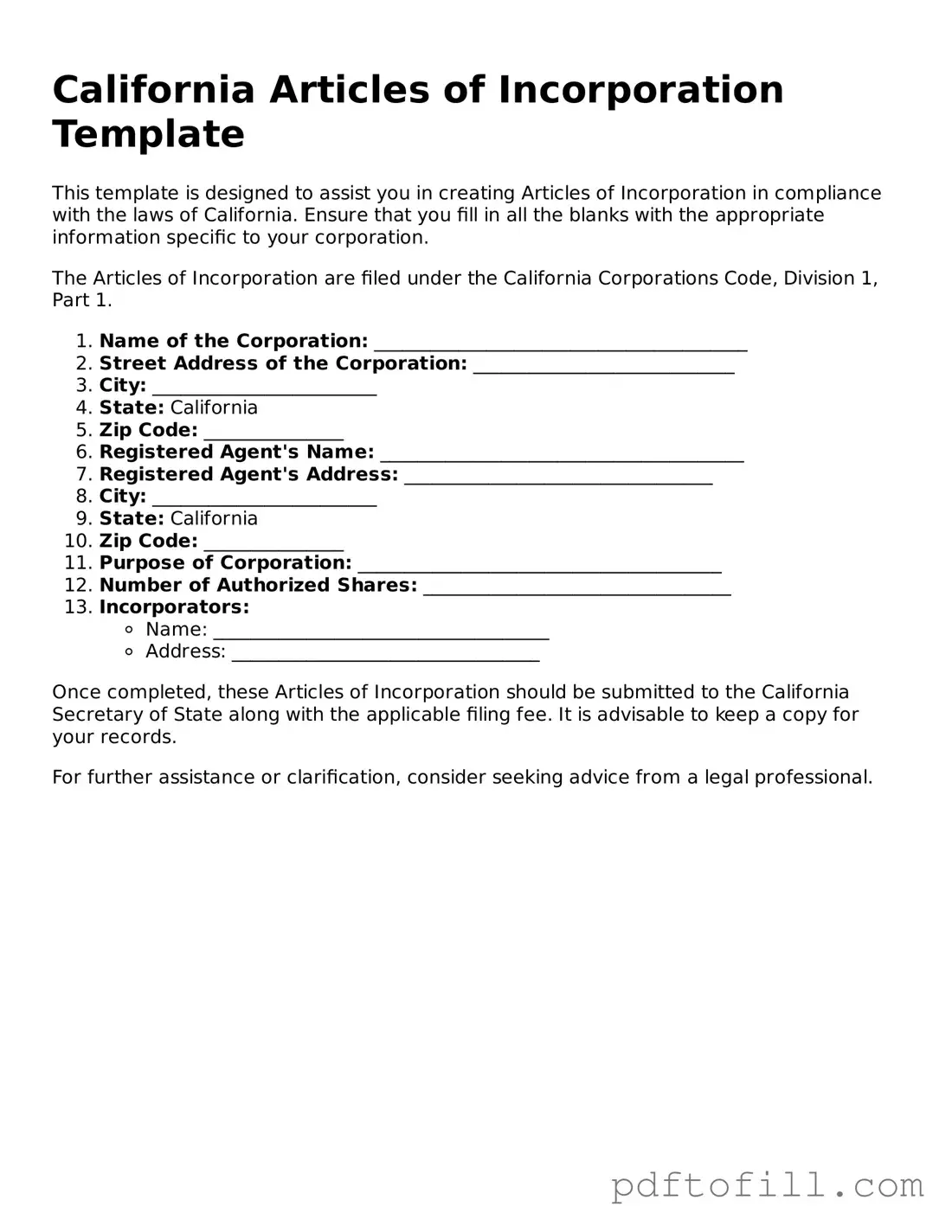 Official California Articles of Incorporation Form
