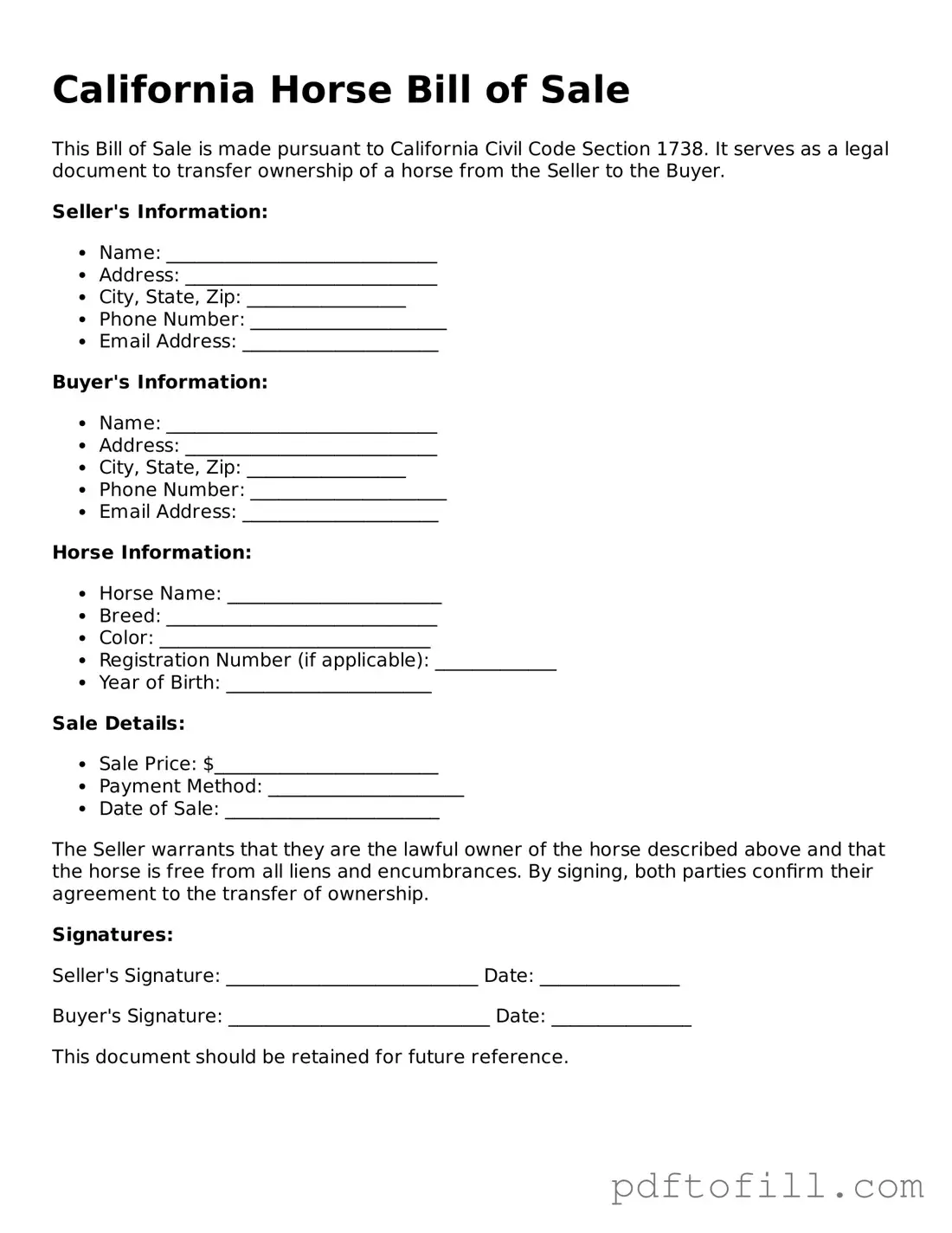 Official California Horse Bill of Sale Form