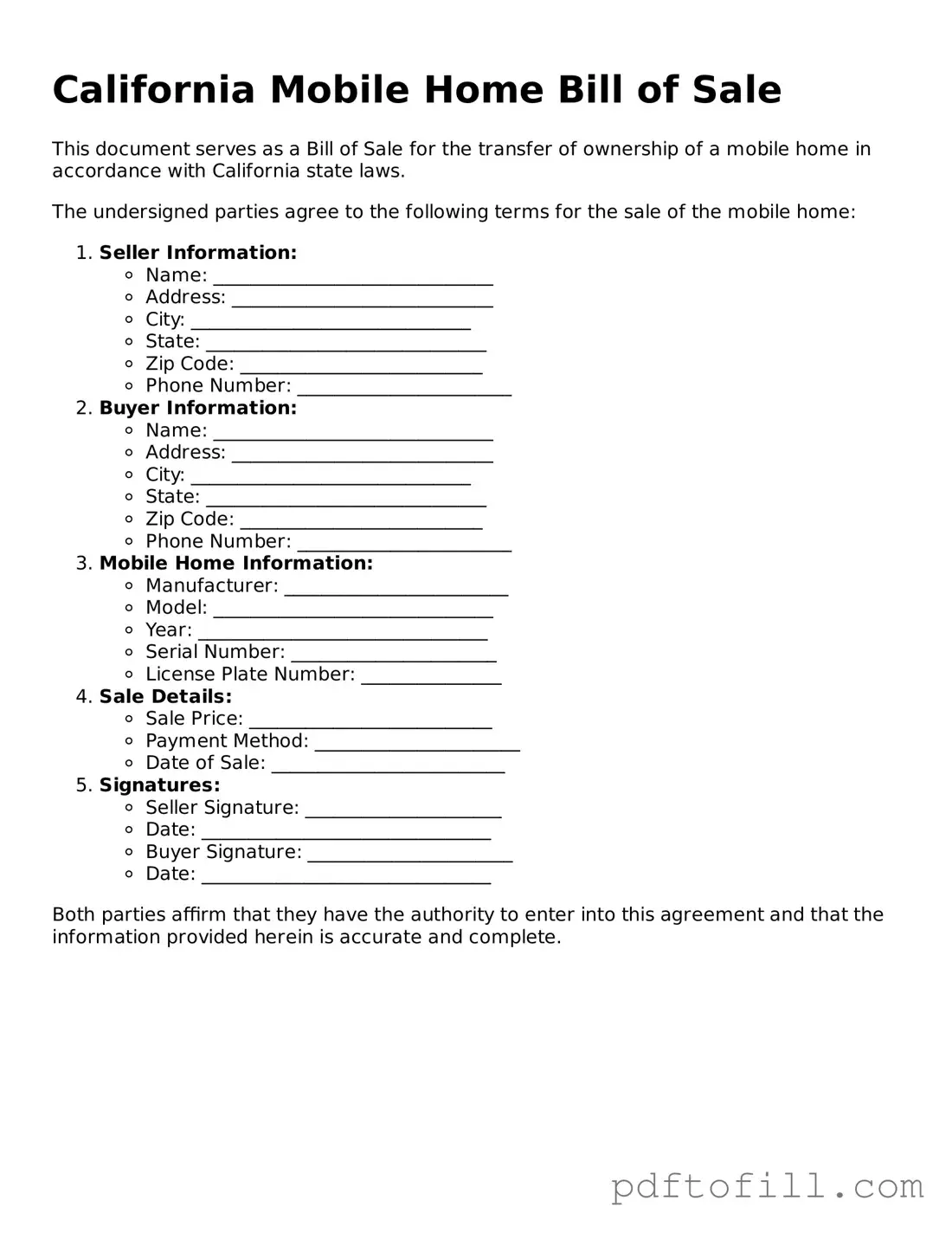 Official California Mobile Home Bill of Sale Form
