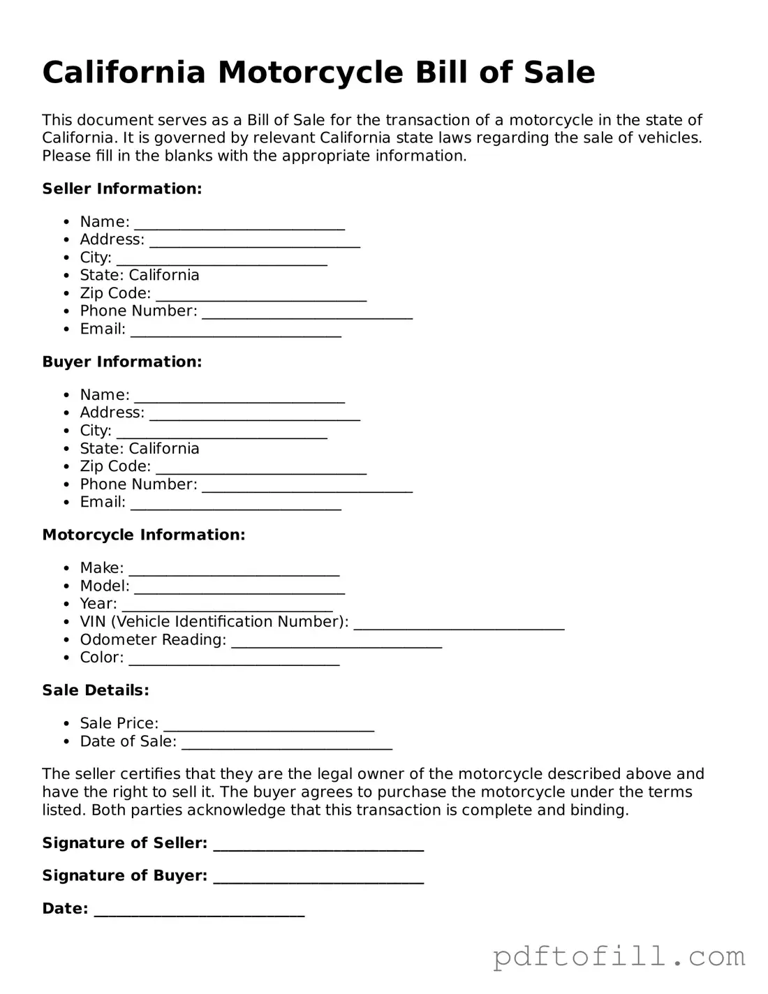 Official California Motorcycle Bill of Sale Form