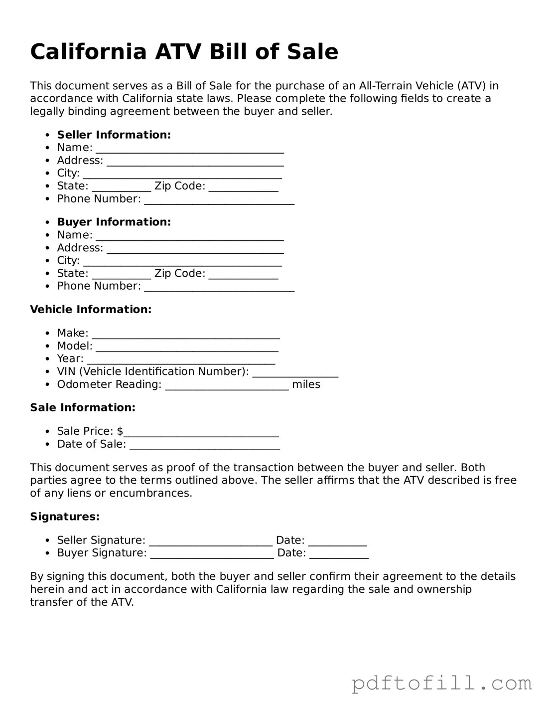 Official California ATV Bill of Sale Form