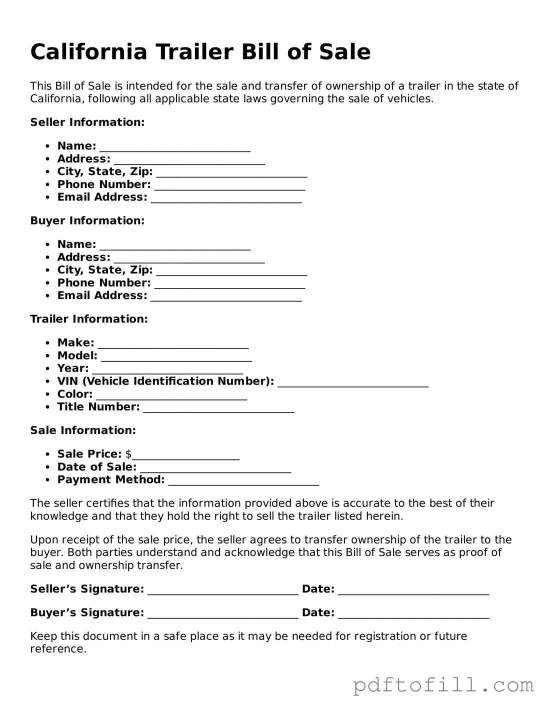 Official California Trailer Bill of Sale Form