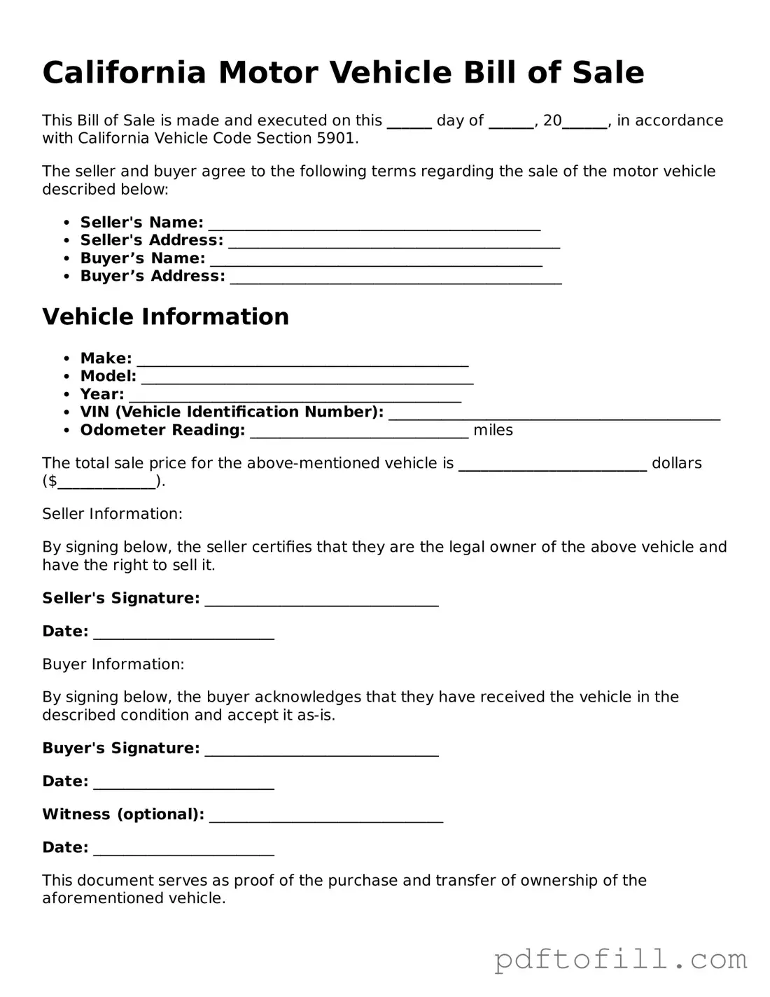 Official California Motor Vehicle Bill of Sale Form