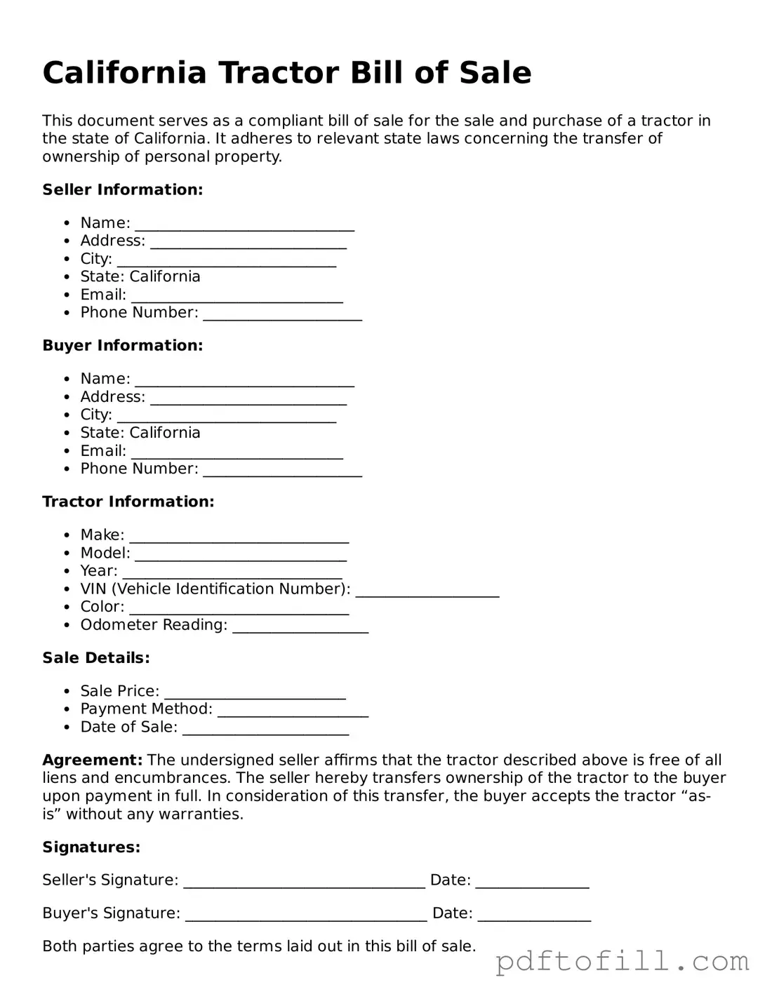 Official California Tractor Bill of Sale Form