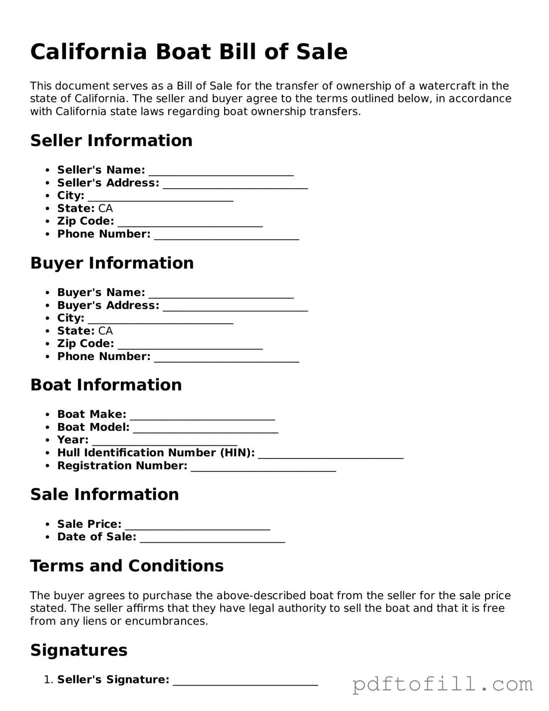Official California Boat Bill of Sale Form