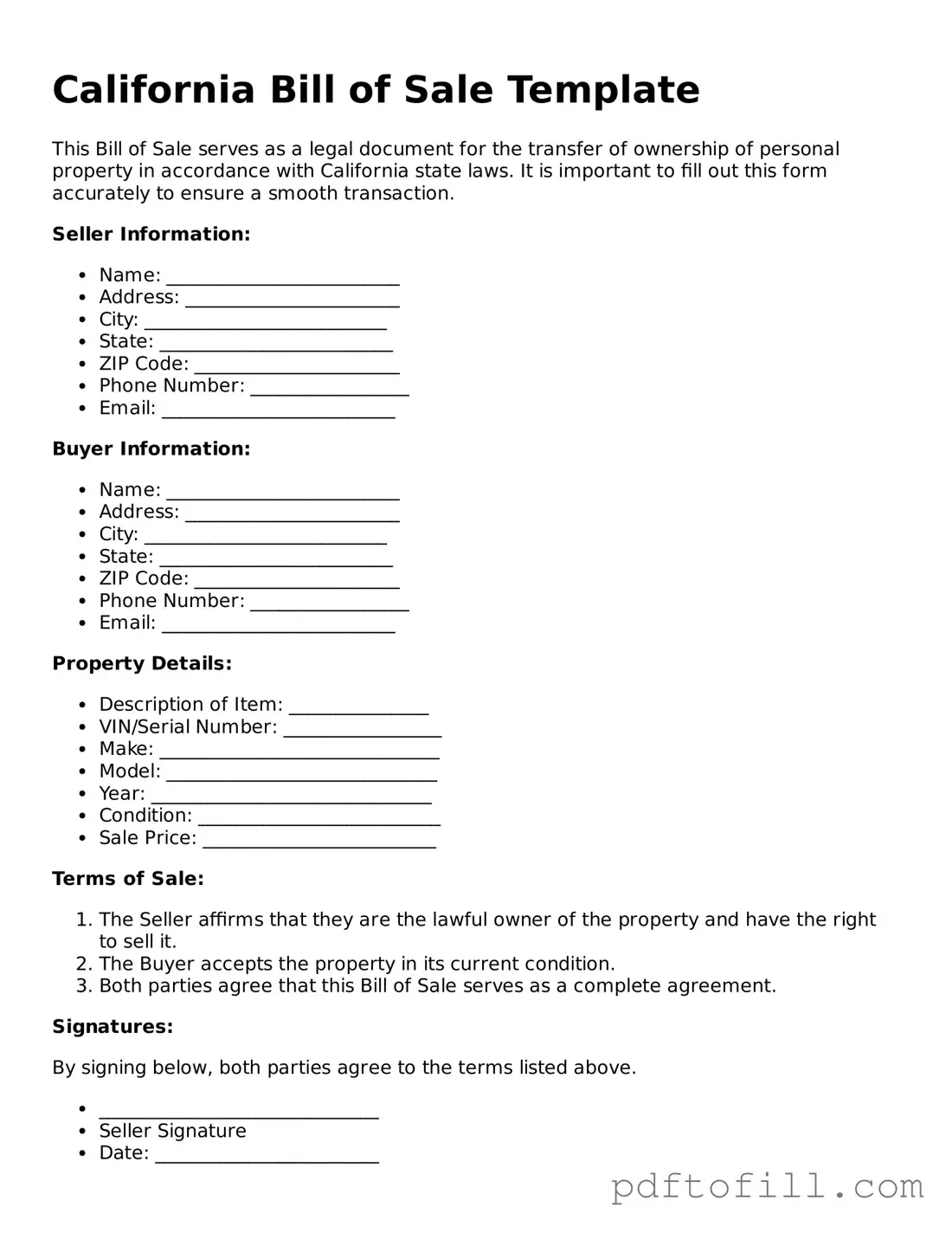 Official California Bill of Sale Form