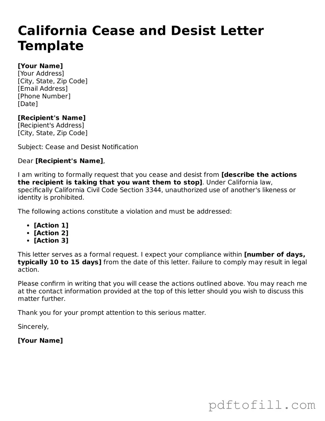 Official California Cease and Desist Letter Form