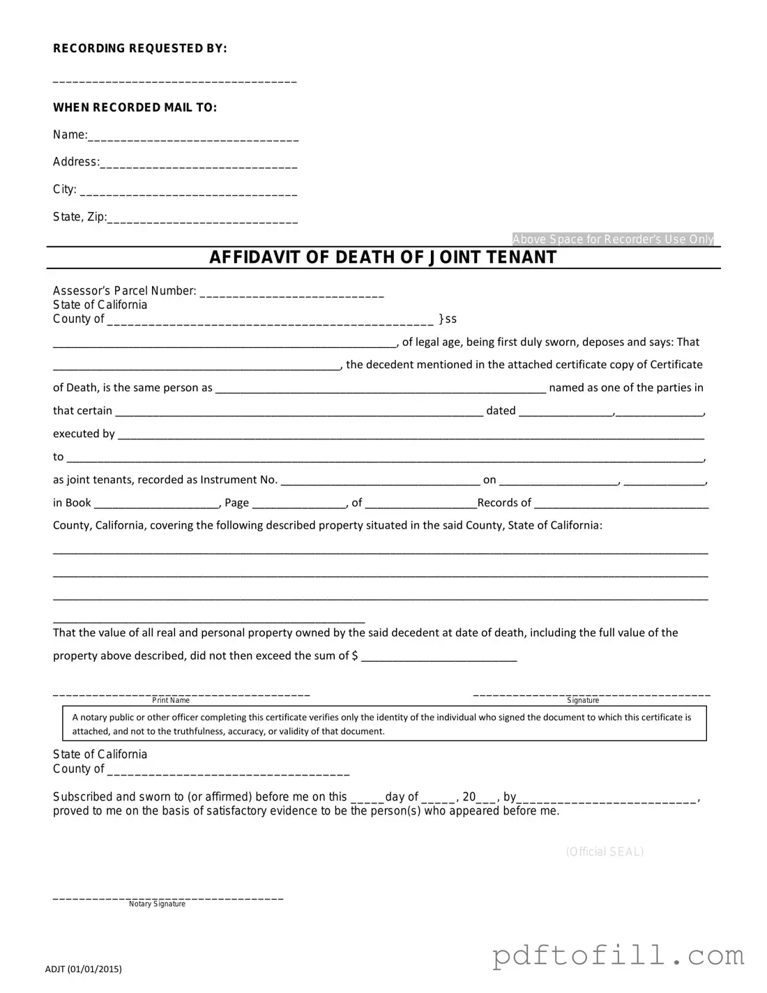 Free California Death of a Joint Tenant Affidavit PDF Form