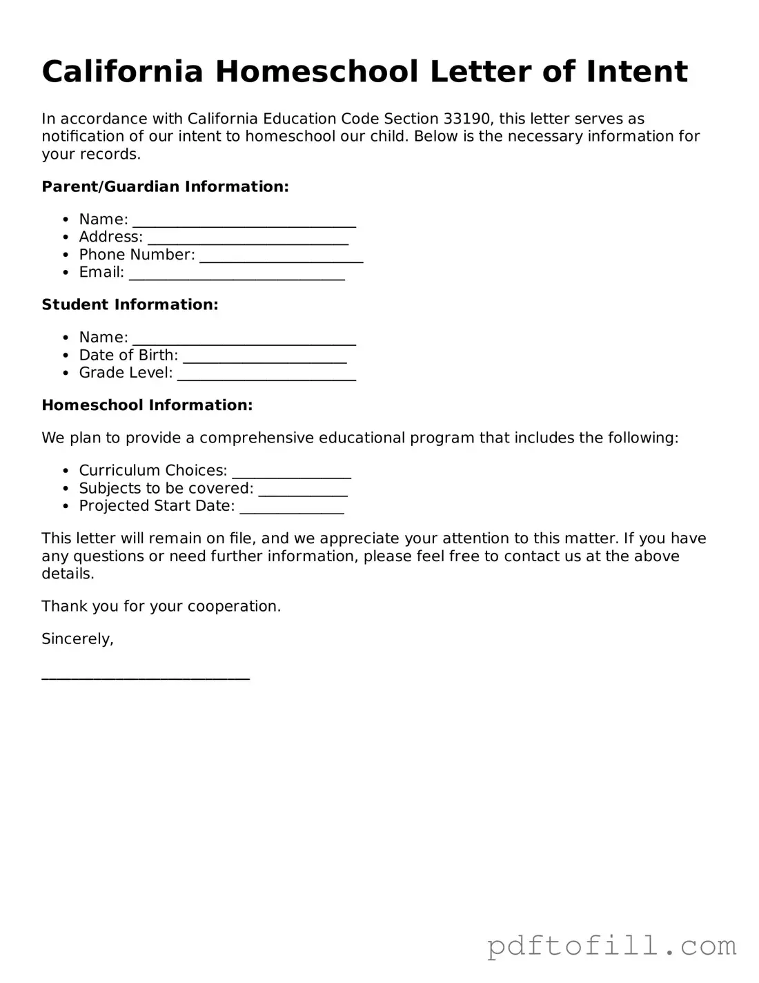 Official California Homeschool Letter of Intent Form