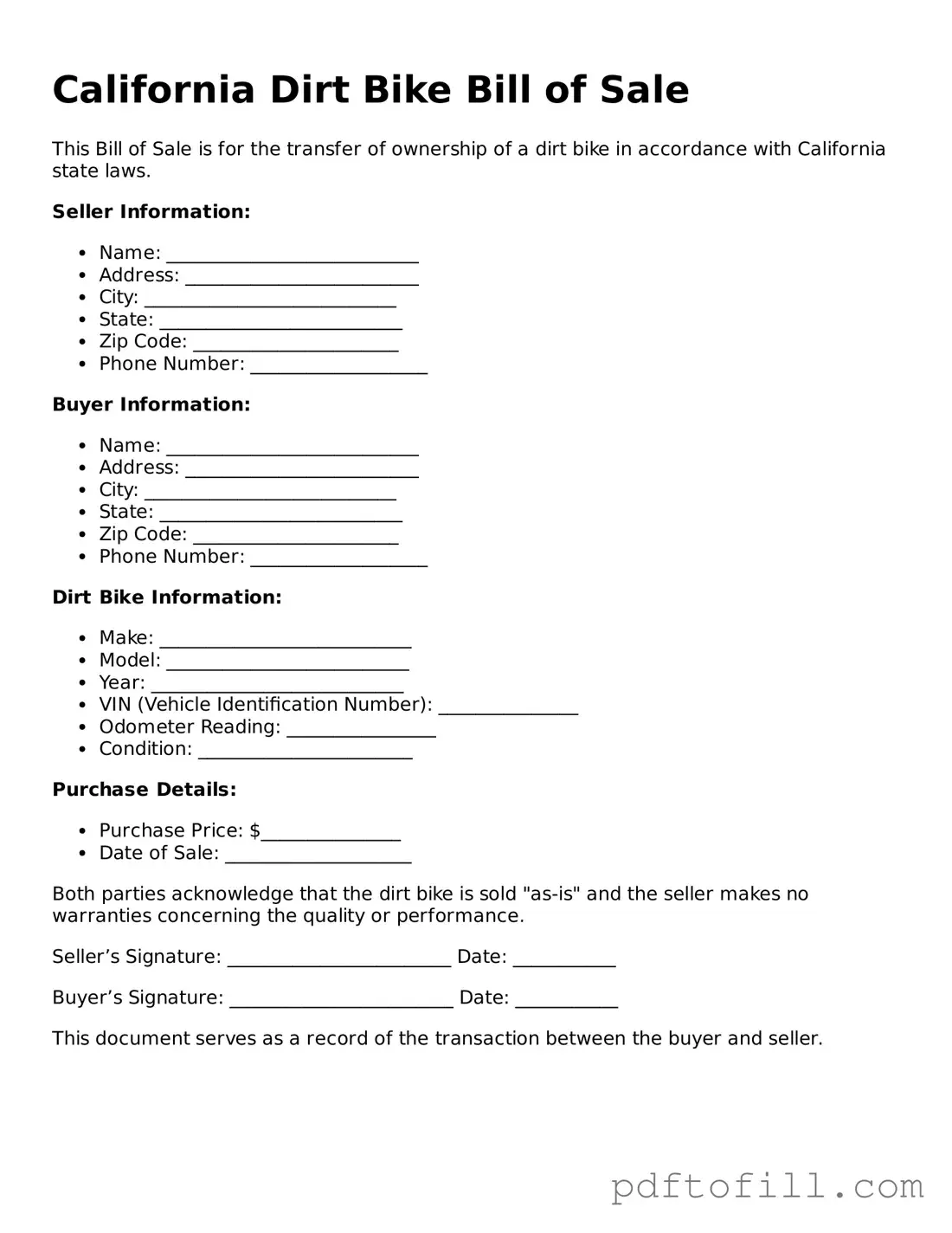 Official California Dirt Bike Bill of Sale Form