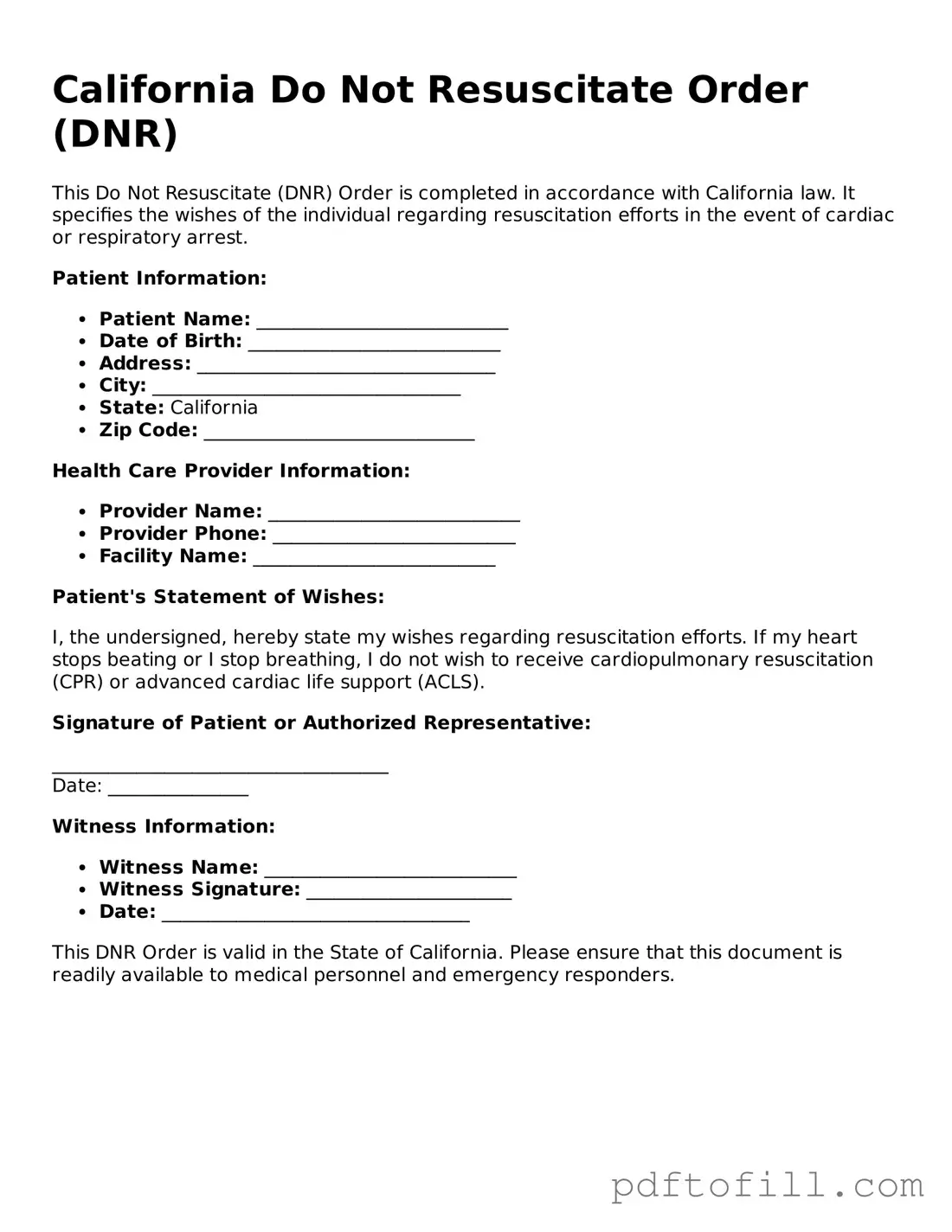 Official California Do Not Resuscitate Order Form