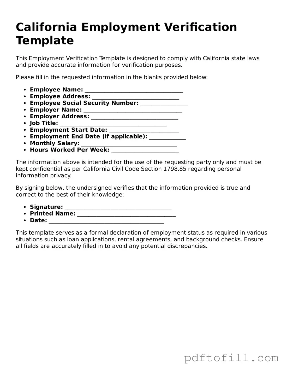 Official California Employment Verification Form