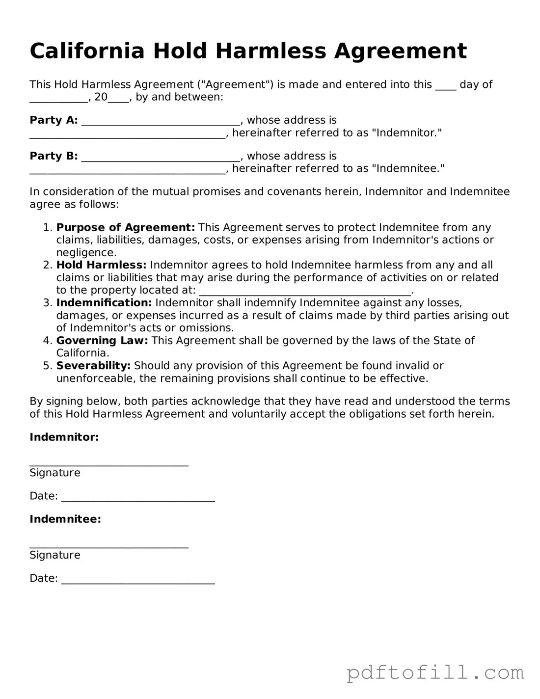 Official California Hold Harmless Agreement Form