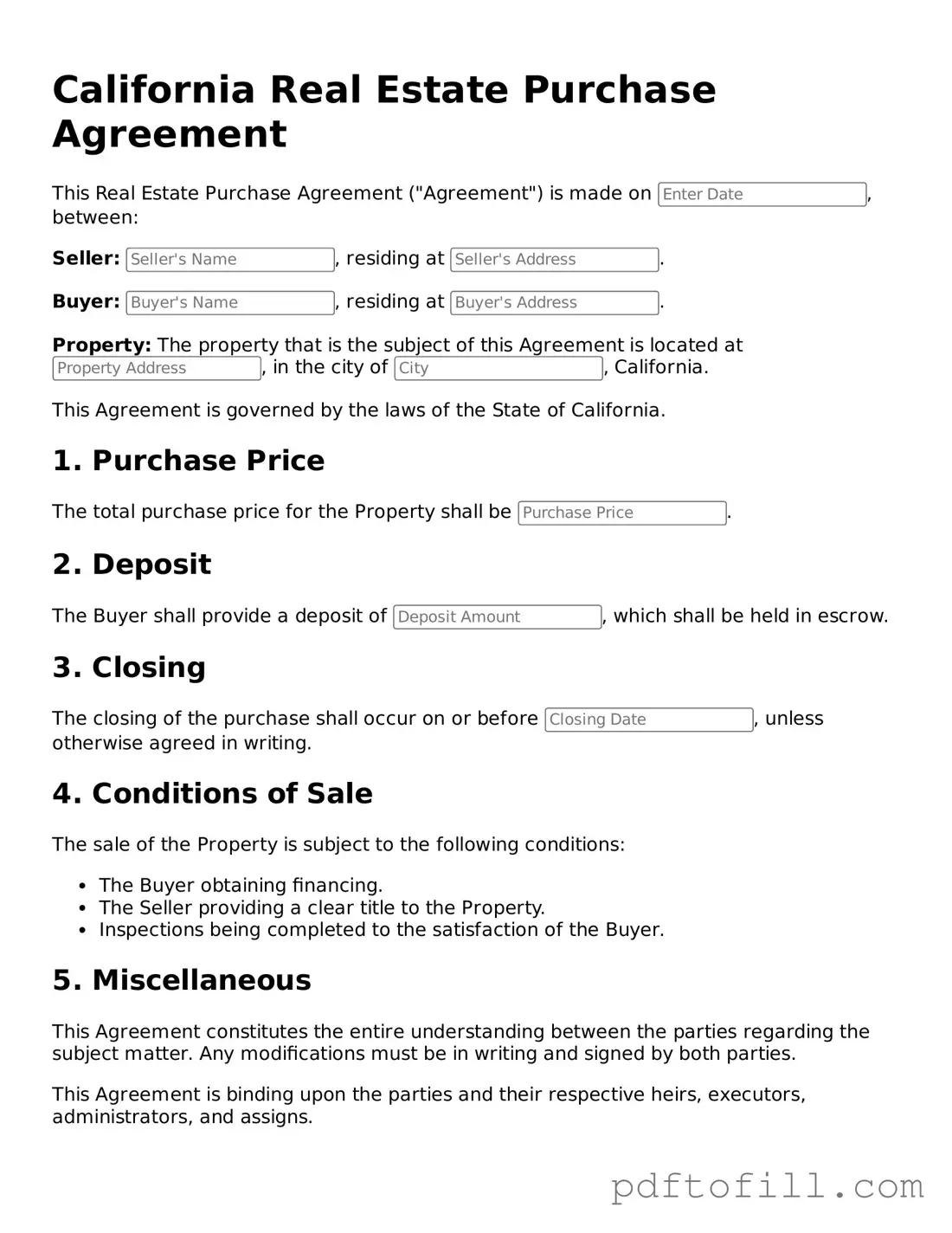 Official California Real Estate Purchase Agreement Form