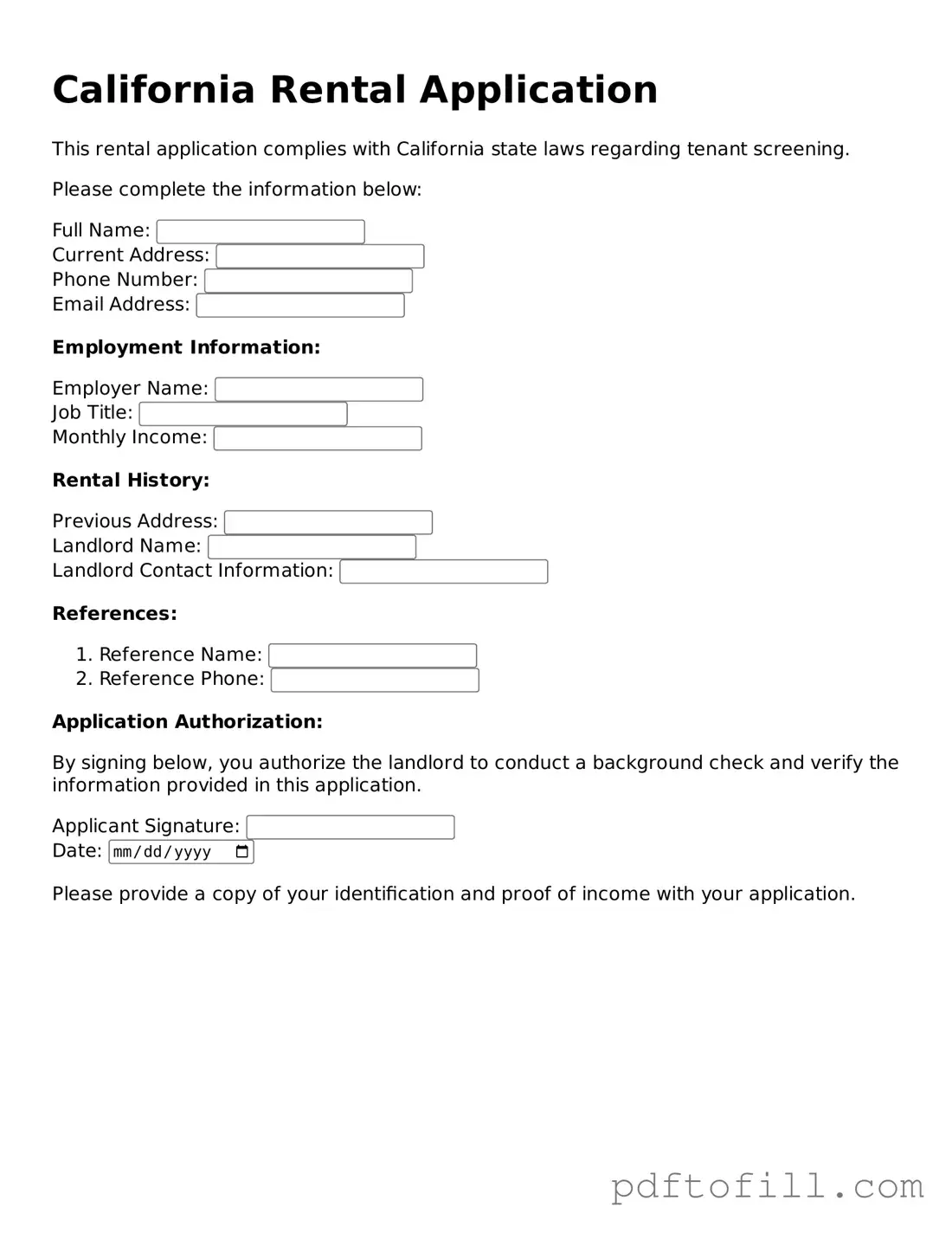 Official California Rental Application Form