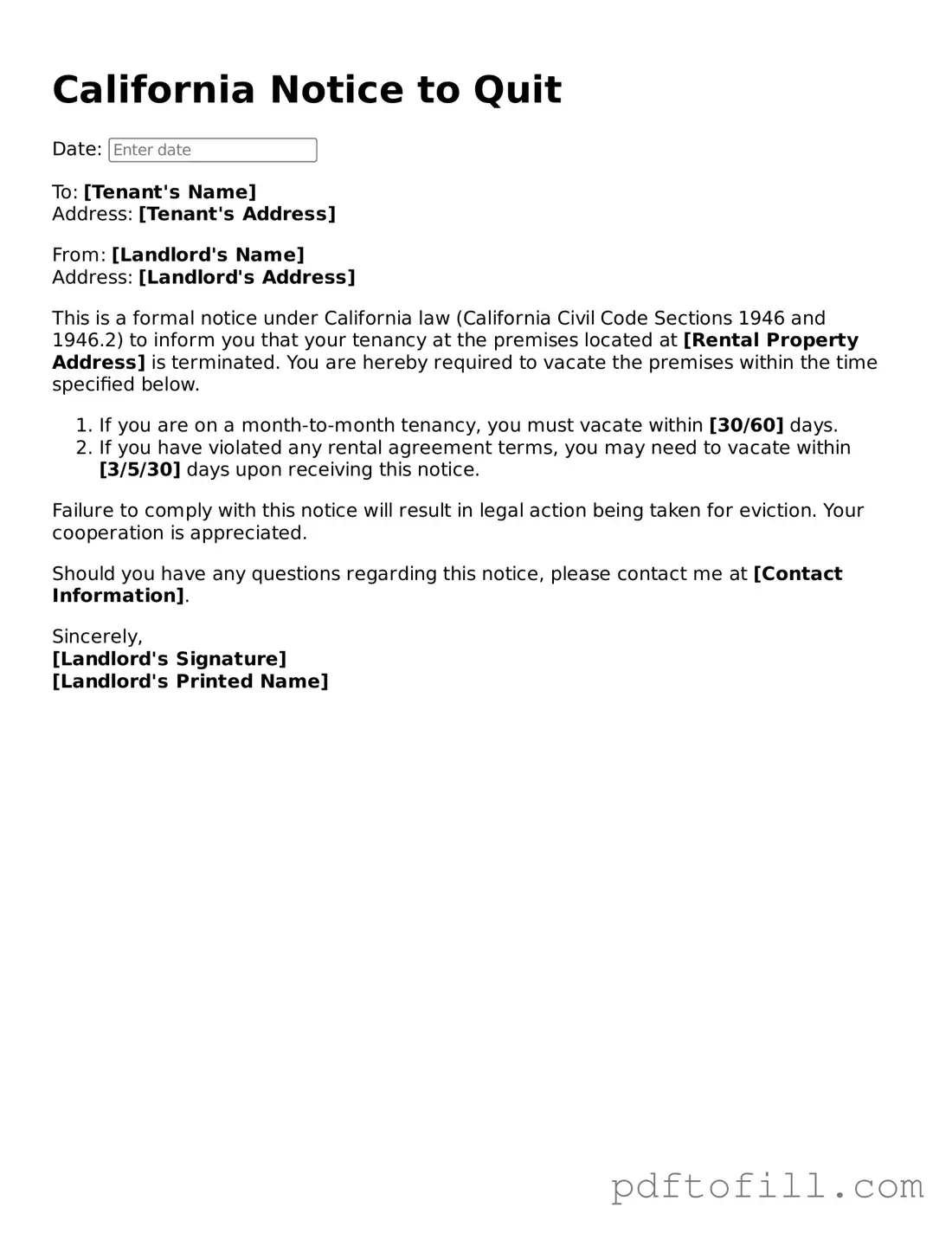 Official California Notice to Quit Form