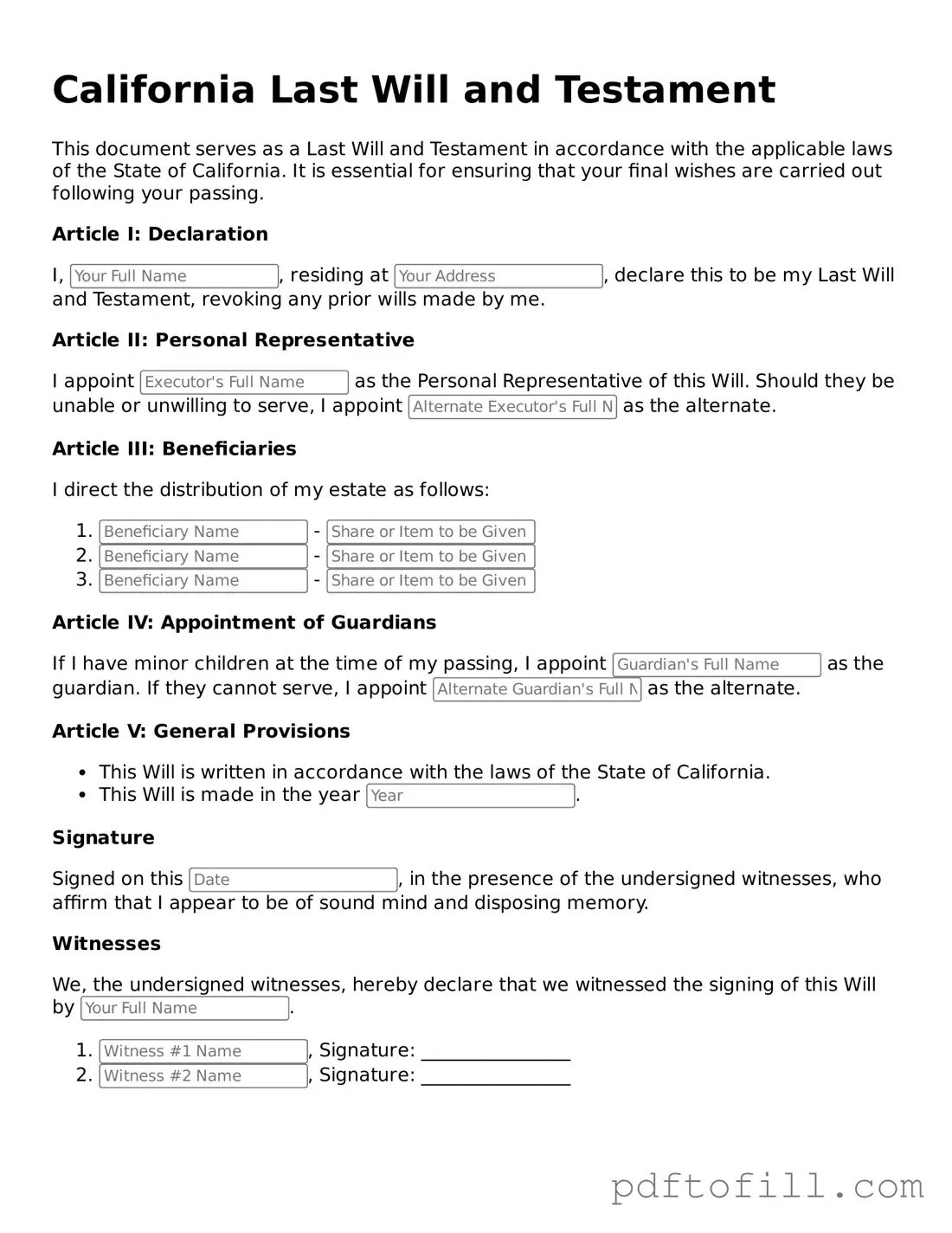 Official California Last Will and Testament Form