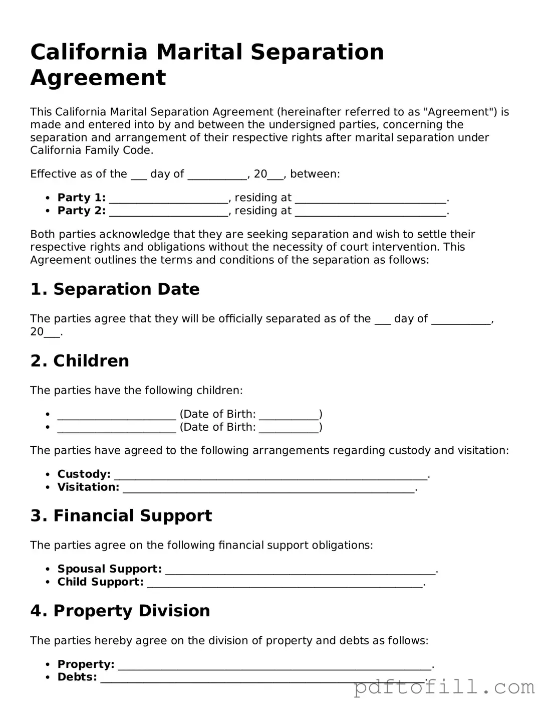 Official California Marital Separation Agreement Form