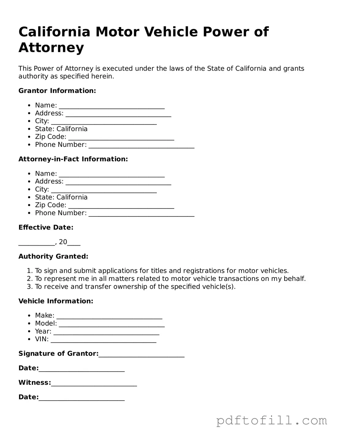 Official California Motor Vehicle Power of Attorney Form