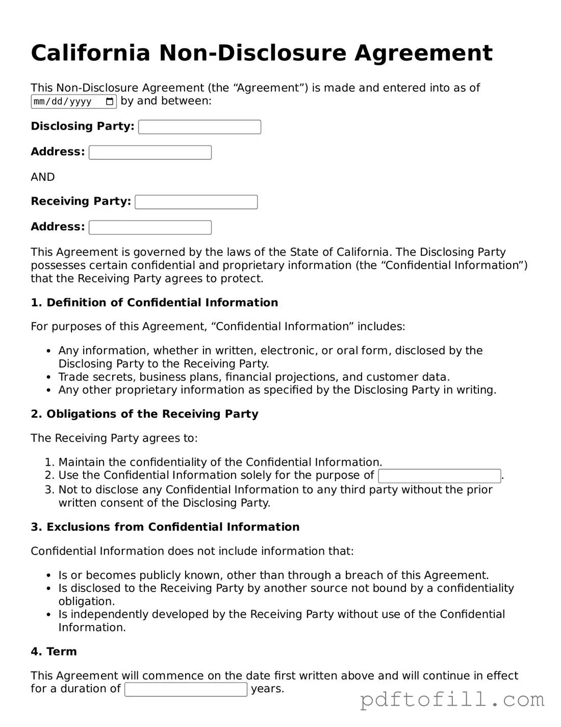 Official California Non-disclosure Agreement Form