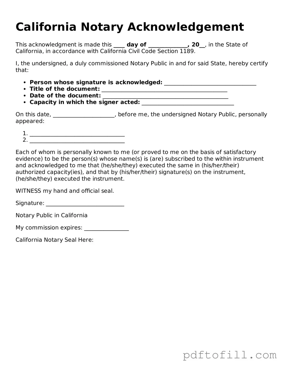 Official California Notary Acknowledgement Form