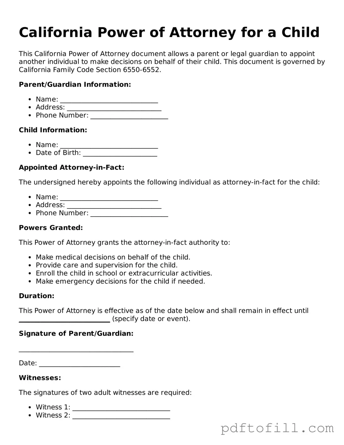 Official California Power of Attorney for a Child Form