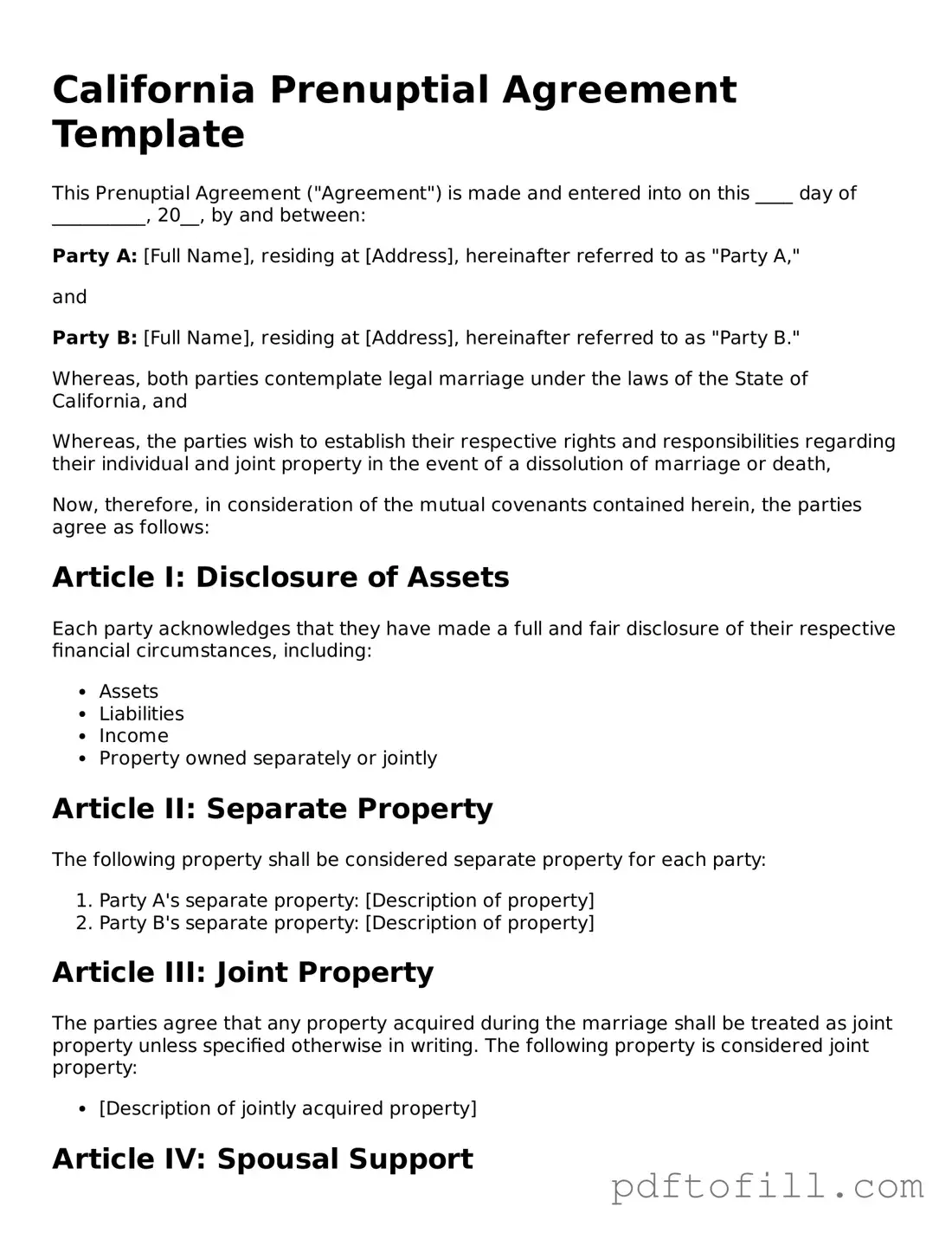 Official California Prenuptial Agreement Form